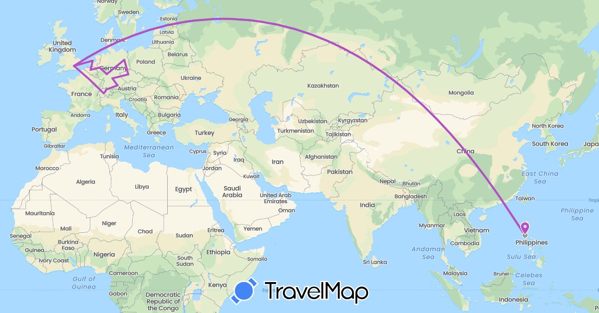 TravelMap itinerary: driving, plane, train in Belgium, Switzerland, Czech Republic, Germany, United Kingdom, Netherlands, Philippines (Asia, Europe)
